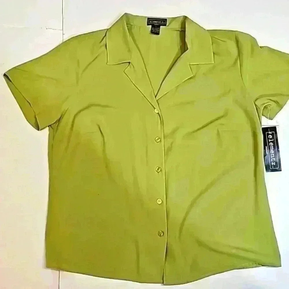 Elementz Womens top sz 1X color green shortsleeve blouse button front ca…